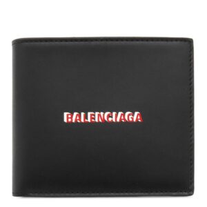 バレンシアガ BALENCIAGA 二つ折り財布 キャッシュ スクエア フォールデット コインウォレット レザー ブラック シルバー金具 黒 赤 白 ロゴ 594315 【箱】 【中古】