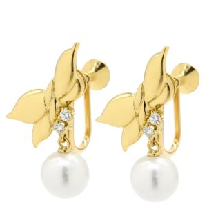 ミキモト MIKIMOTO イヤリング パール ダイヤ リボンモチーフ パールホワイト×イエローゴールド Au750 18K 真珠 1P 1粒 ネジ式 スイング ドロップ 【中古】新品同様品