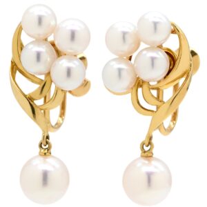 ミキモト MIKIMOTO イヤリング パール パールホワイト×イエローゴールド Au750 18K 真珠 あこや アコヤ 5P 5粒 ネジ式 スイング ドロップ 【中古】中古美品