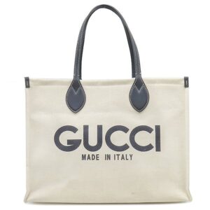 グッチ GUCCI トートバッグ ロゴ プリント キャンバス レザー ベージュ×ネイビー シルバー金具 肩掛け ショルダー 白 紺 772176 【中古】中古美品