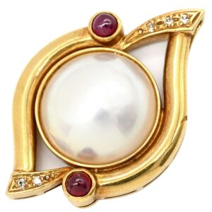 ペンダントトップ パール ルビー ダイヤ パールホワイト×イエローゴールド 赤 ネックレストップ マベパール 真珠 18K YG 750 【中古】