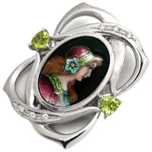 梶光夫 MITSUO KAJI ブローチ エマーユ ミニチュアール マルチカラー×ホワイトゴールド 18K 750 WG ペリドット ダイヤ 七宝 ネックレストップ 【中古】中古美品