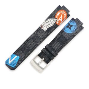 ルイヴィトン LOUIS VUITTON 腕時計パーツ 純正 タンブール用 ワールドツアー ダミエ レザー ステンレススチール ブラック ワンタッチ 替え ベルト 純正SS製尾錠付き 21mm ブラック 黒 【中古】