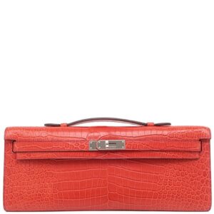 エルメス HERMES ハンドバッグ ケリーカット ポロサスマット ブーケンビリア シルバー金具 クロコ 赤 X刻印 【中古】
