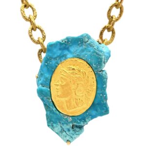 岩倉康二 Koji Iwakura ネックレス トルコ石 ブルー×イエローゴールド 18K YG ターコイズ ラフカット 【中古】中古美品