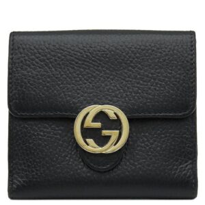 グッチ GUCCI 二つ折り財布 インターロッキングG 二つ折り ウォレット レザー ブラック ゴールド金具 黒 コンパクトウォレット アウトレット品 615525 【中古】