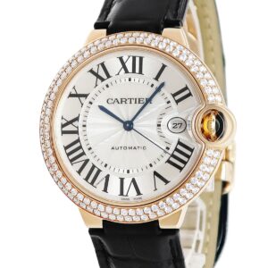 カルティエ Cartier バロンブルー ドゥ カルティエ LM WE900851 K18RG無垢 純正ダイヤ デイト ローマン メンズ 腕時計自動巻き シルバー 【中古】中古美品