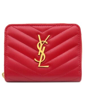 サンローラン SAINT LAURENT 二つ折り財布 カサンドラ Vステッチ コンパクトジップ レザー レッド ゴールド金具 モノグラム 403723 【中古】新品同様品