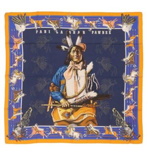 エルメス HERMES スカーフ カレ90 CARRE シルク マリン×ブルーロイ×オレンジ 【PANI LA SHAR PAWNEE/パウニー族の首長】 H071721S 【中古】