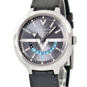 ルイヴィトン LOUIS VUITTON ヴォヤジャー GMT Q7D30 グレー 水色 バー Vマーク デュアルタイム メンズ 腕時計自動巻き グレー 【中古】