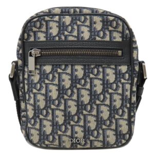 クリスチャン・ディオール Christian Dior ショルダーバッグ オブリーク メッセンジャーバッグ キャンバス レザー ネイビー×ベージュ シルバー金具 紺 ジャガード 【保存袋】 【中古】中古美品
