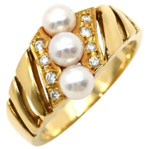 ミキモト MIKIMOTO リング 指輪 パール ダイヤ パールホワイト×イエローゴールド K18 Au750 18K 真珠 アコヤ ベビーパール×メレダイヤ 透かし彫り 12号 【中古】