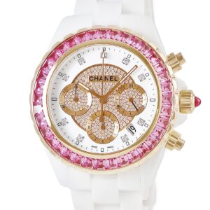 シャネル CHANEL J12 クロノグラフ H2161 K18PG×白セラミック コンビ 純正ダイヤ&サファイア メンズ 腕時計自動巻き ホワイト 【中古】