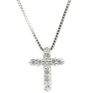 ネックレス ダイヤ クロス ペンダント ホワイトゴールド 0.1ct 10P 10石 10粒 十字架 ミニ スモール ホワイトゴールド K10WG ベネチアンチェーン 【中古】中古美品