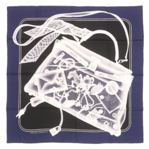 エルメス HERMES スカーフ カレ90 シルク ネイビー×ブラック×ホワイト 【PLEASE CHECK-IN/プリーズチェックイン】 【中古】