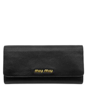 ミュウミュウ MIU MIU 長財布 二つ折り ロゴプレート ゴートレザー マドラス NERO ゴールド金具 黒 ロングウォレット カードケース付き 5MH109 【箱】 【中古】