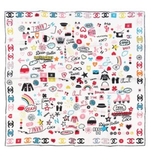 シャネル CHANEL スカーフ 2024 クルーズ シルク ホワイト×ブラック×マルチカラー ココマーク ロゴ カメリア 【中古】