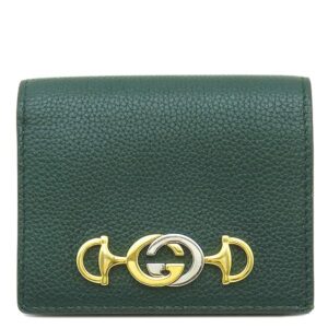 グッチ GUCCI 二つ折り財布 ズゥミ ミニ チェーンウォレット レザー グリーン ゴールド金具 コンパクト 緑 570660 【箱】 【中古】