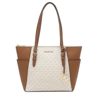 マイケルコース Michael Kors トートバッグ シャーロット ラージ トップジップ トート PVC レザー バニラ ゴールド金具 白 茶 MKシグネチャー 35T0GCFT3B 【保存袋】 【中古】