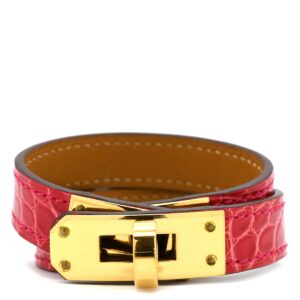 エルメス HERMES ブレスレット ケリー ドゥブルトゥール アリゲーター メタル ローズエクストリーム×ゴールド T1 ゴールド金具 赤 2連 2重 レザーブレス Y 【箱】 【中古】新品同様品