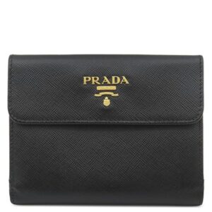 プラダ PRADA 二つ折り財布 サフィアーノ Wホック コンパクト ウォレット レザー NERO ゴールド金具 黒 メタルロゴ ダブルホック 1M0523 【箱】 【中古】
