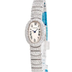 カルティエ Cartier ミニベニュワール W15189L2 K18WG無垢 ダイヤ アイボリー ローマン オーバル 青針 レディース 腕時計クオーツ ベージュ 【中古】中古美品