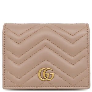 グッチ GUCCI 二つ折り財布 ダブルG カードケース ウォレット レザー シェブロンキルティングナッパレザー ピンクベージュ ゴールド金具 GG 466492 【保存袋】 【中古】