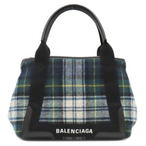 バレンシアガ BALENCIAGA トートバッグ ネイビーカバス S ウール レザー グリーン×ネイビー×ホワイト シルバー金具 チェック柄 ロゴ トート Navy カバ 339933 【保存袋】 【中古】中古品