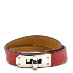 エルメス HERMES ブレスレット ケリードゥブルトゥール ヴォーエプソン メタル レッド×シルバー S 赤 2連 2重 レザーブレス □P 【保存袋】 【中古】中古品