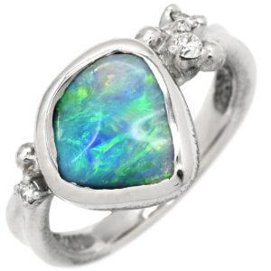 真々田誠次 Seiji Art Jewelry リング 指輪 ボルダーオパール ダイヤ ブルー×プラチナシルバー Pt900 遊色 プレイオブカラー フリーシェイプ ハンドメイド 13号 【保証書】 【中古】