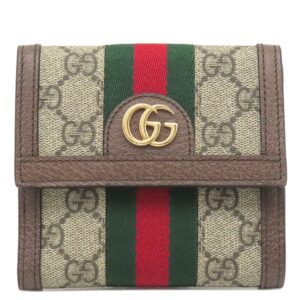 グッチ GUCCI 二つ折り財布 オフィディア Wホック ウォレット GGスプリームキャンバス レザー ベージュ＆エボニー ゴールド金具 茶 ウェブ シェリーライン 523173 【箱】 【中古】未使用保管品