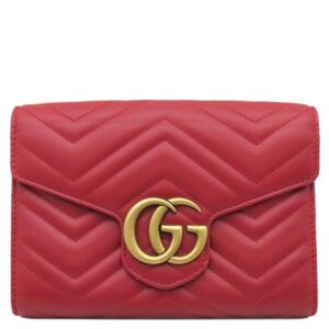 グッチ GUCCI チェーンウォレット GGマーモント レザー レッド ゴールド金具 赤 チェーン ショルダーバッグ シェブロン キルティング 474575 【箱】 【中古】