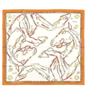 エルメス HERMES スカーフ カレ90 CARRE シルク クレーム×オレンジキュイ×ブラウン 【シュヴォー デシェネ】 【箱】 【中古】