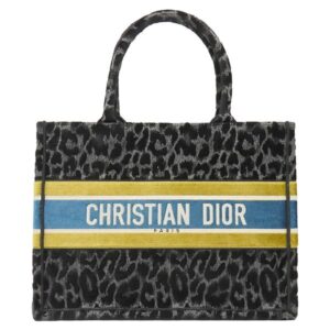 クリスチャン・ディオール Christian Dior トートバッグ ブックトート ミディアム ベロア ブラック 黒 黄色 青 ヒョウ柄 レオパード Book Tote 【中古】未使用保管品