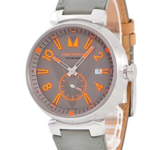 【★3％OFFクーポン】ルイヴィトン LOUIS VUITTON タンブール QA045 グレー オレンジ デイト スモールセコンド アラビア バー メンズ 腕時計自動巻き グレー 【中古】中古美品