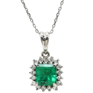 ネックレス エメラルド ダイヤ プラチナシルバー ダイヤモンド グリーン 緑 エメラルドカット 【中古】