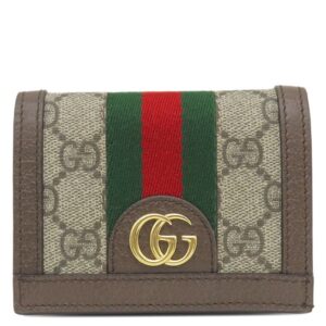 グッチ GUCCI 二つ折り財布 オフィディア GG カードケース GGスプリームキャンバス レザー ベージュ×エボニー ゴールド金具 ウェブ ストライプ 523155 【箱】 【中古】