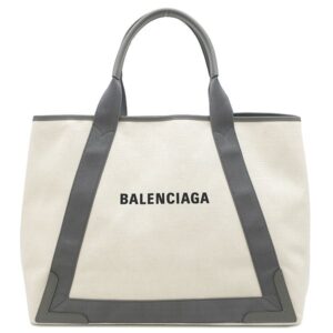 バレンシアガ BALENCIAGA トートバッグ ネイビーカバス M キャンバス レザー ナチュラル×グレー シルバー金具 白 ロゴ トート Navy カバ 339936 【保存袋】 【中古】中古美品