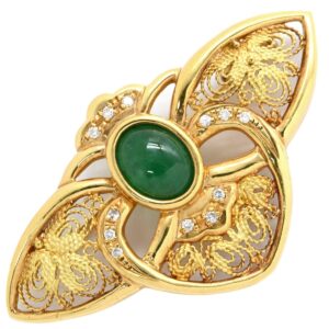 ブローチ エメラルド ダイヤ イエローゴールド ハチ MOTH 昆虫モチーフ 【中古】