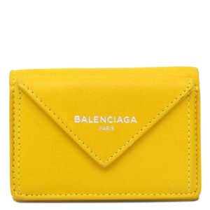 バレンシアガ BALENCIAGA 三つ折り財布 ペーパー ミニ ウォレット レザー イエロー シルバー金具 コンパクトウォレット 391446 【中古】中古美品