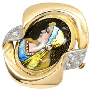 梶光夫 MITSUO KAJI ブローチ エマーユ ミニチュアール マルチカラー×イエローゴールド×プラチナシルバー K18YG×Pt900 コンビ ダイヤ 七宝 貴婦人 横顔 2WAY 【中古】中古美品