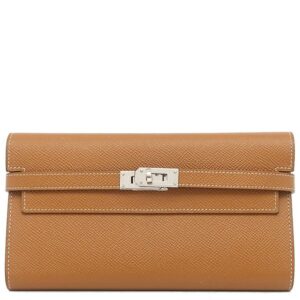 エルメス HERMES 長財布 ケリーウォレット ロング ヴォーエプソン ゴールド シルバー金具 茶 X刻印 【箱】 【中古】