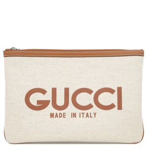 グッチ GUCCI クラッチバッグ ロゴプリント キャンバス レザー ベージュ×ブラウン シルバー金具 セカンドバッグ ストラップ付 ポーチ 777165 【保存袋】 【中古】未使用保管品