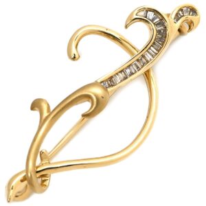 ブローチ ダイヤ 0.14ct イエローゴールド Au750 YG オープンワーク 曲線デザイン バゲットカット 【中古】中古美品