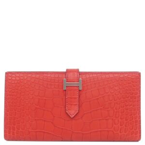 エルメス HERMES 長財布 ベアンスフレ アリゲーター ゼラニウム シルバー金具 クロコ 二つ折り マット □P 【中古】未使用保管品