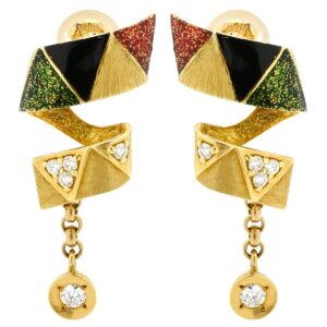山崎裕見子 YUMIKO YAMAZAKI ピアス エナメル ダイヤモンド マルチカラー×イエローゴールド Au750 18K エマイユ 七宝 ジオメトリック ドロップ スイング 【中古】中古美品