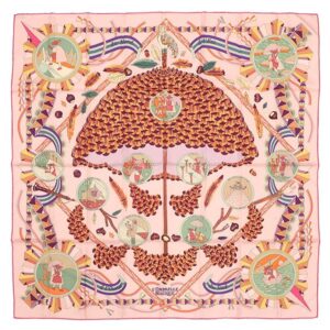 エルメス HERMES スカーフ カレ90 シルク ピンク×マルチカラー 【LOMBRELLE MAGIQUE/魔法の杖傘】 【中古】中古美品