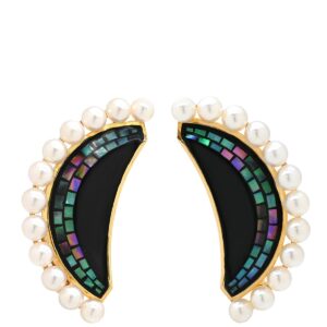 タサキ TASAKI イヤリング 三日月モチーフ パール イヤリング パールホワイト×ブラック×イエローゴールド 白 黒 真珠 シェル 色石 クリップ 18K 750 YG ムーン 【中古】中古美品