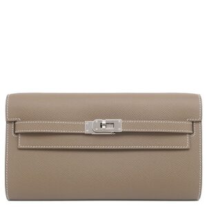エルメス HERMES 長財布 ケリーウォレット ロング トゥーゴー ヴォーエプソン エトゥープ シルバー金具 茶 ショルダー 2025年製 K 【箱】 【中古】