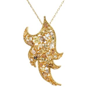 ネックレス ダイヤモンド 色石 マルチカラー×イエローゴールド Au750 18K 18金 パヴェ カラフル 葉 植物 羽 翼 炎モチーフ 【中古】中古美品